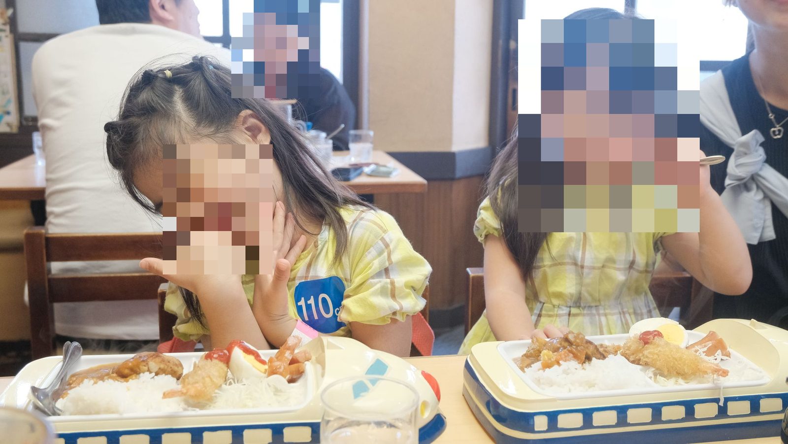夏の家の子ども向けプレート。新幹線の形の器に、ごはん・茶色いソースの肉・エビフライ・ゆで卵・ソーセージがのっている
